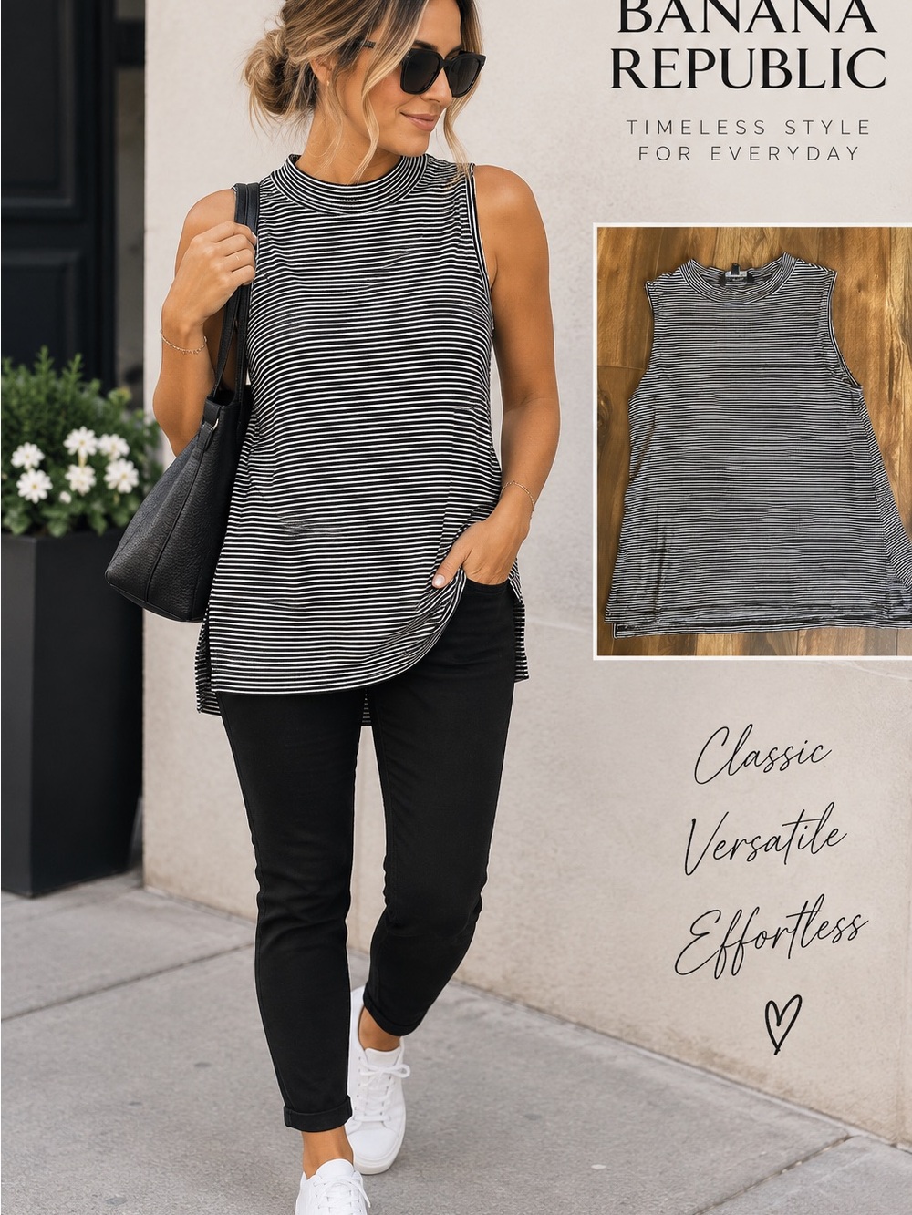 Banana Republic Black & White Striped Sleeveless Mock-Neck Tank